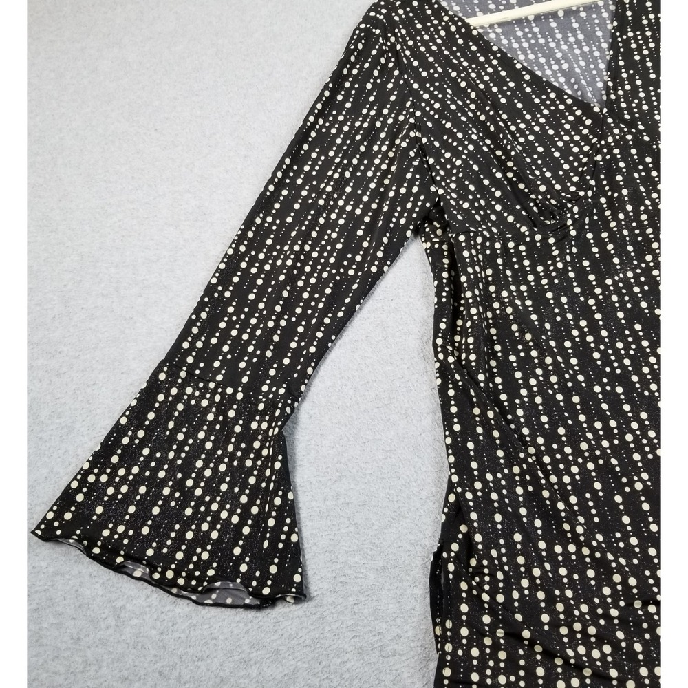 Susan Lawrence Top Womens 1X Plus Black Beige Polka Dot Bell Sleeve Blouse Fun - Picture 3 of 9